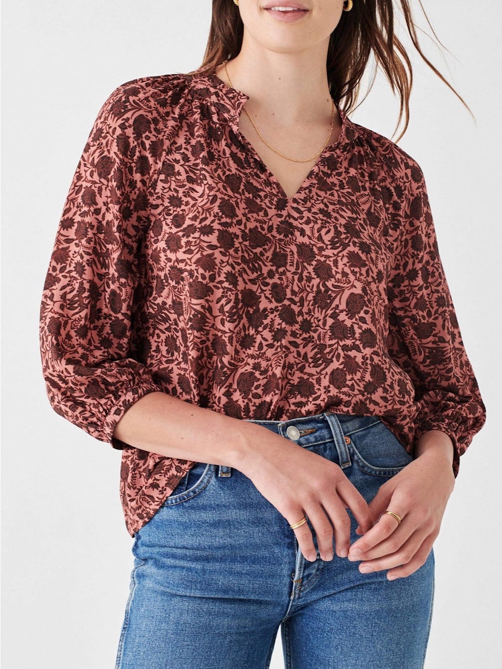 Faherty XS Portia Pink & Burgundy Floral V-neck 3/4 Sleeve Blouse Top